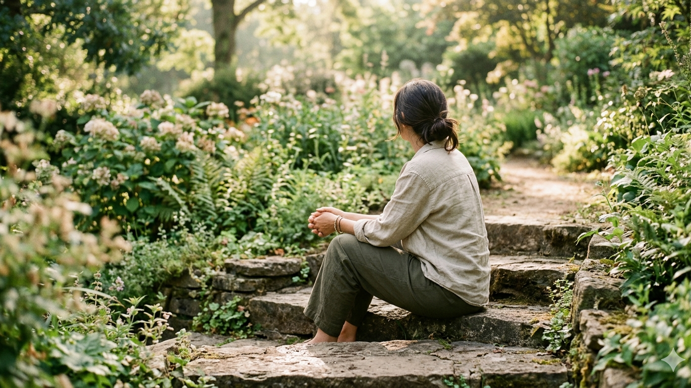 Person seated on stone steps with back to the camera in a garden.
