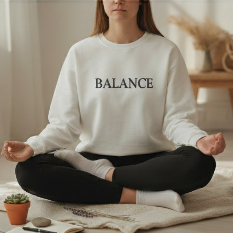 Person wearing a white sweatshirt with 'BALANCE' text, sitting in a meditative pose on a rug.