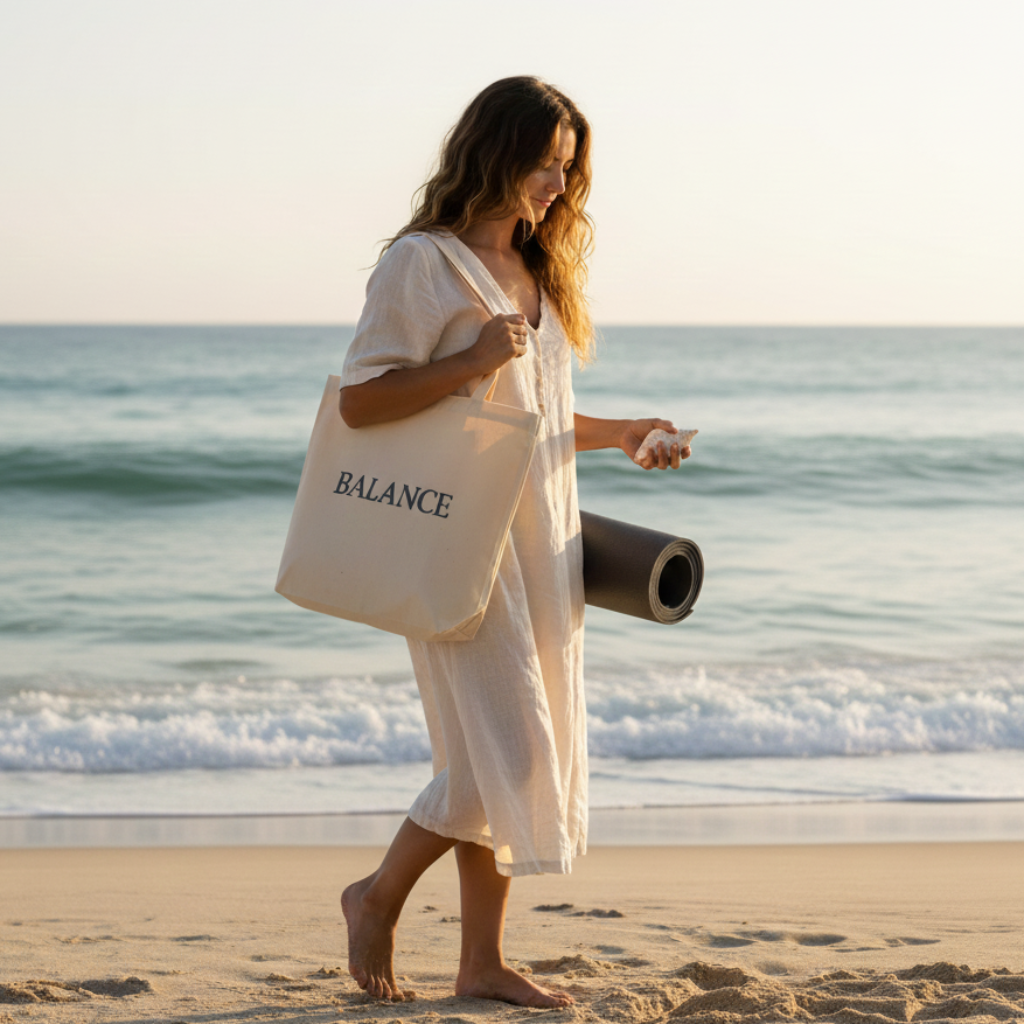 Women carrying a tan bag that says "Balance" along with a yoga mat while walking on a beach.