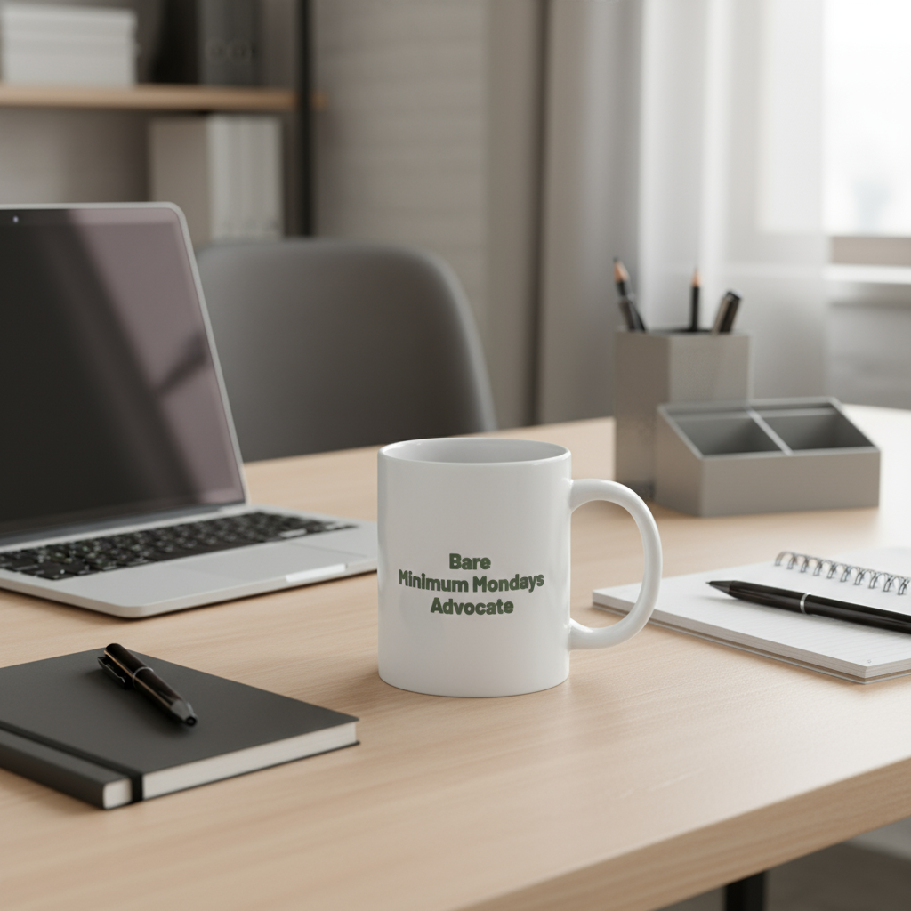White mug with 'Bare Minimum Mondays Advocate' text on a white background