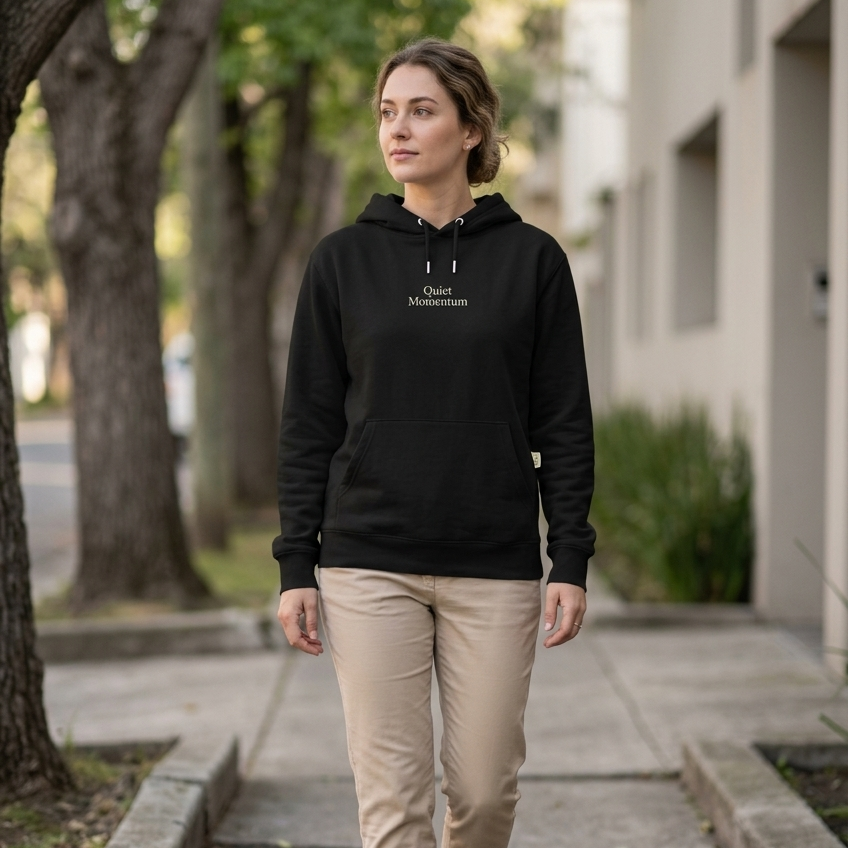 Person wearing a black hoodie with text, beige pants, and white shoes walking on a sidewalk.