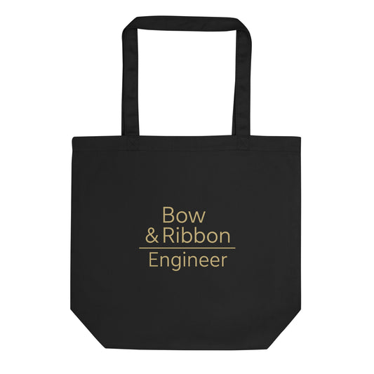 Black tote bag with 'Bow & Ribbon Engineer' text in gold on a white background
