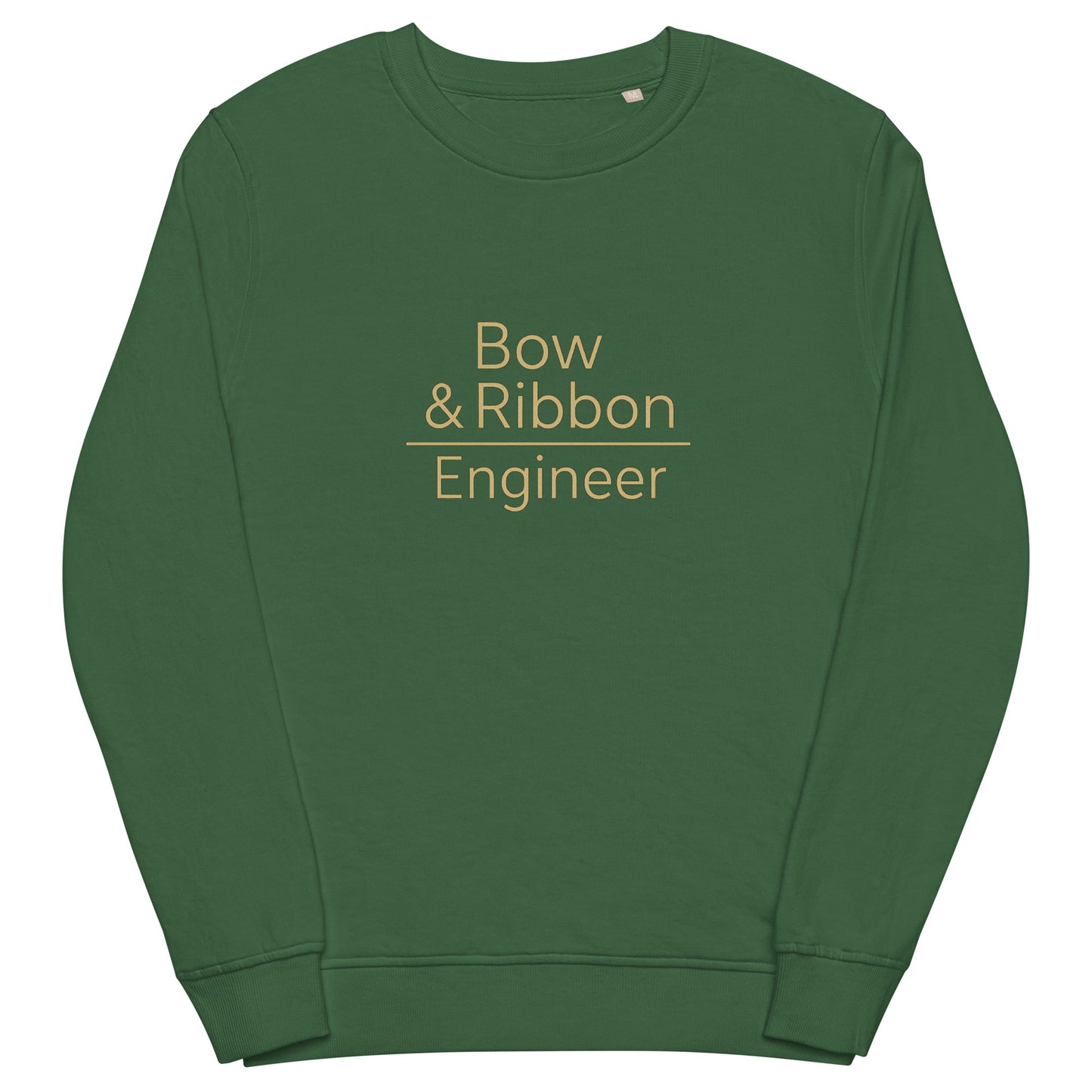 Green sweatshirt with 'Bow & Ribbon Engineer' text on a white background