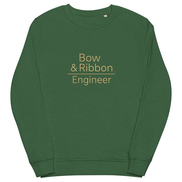 Green sweatshirt with 'Bow & Ribbon Engineer' text on a white background
