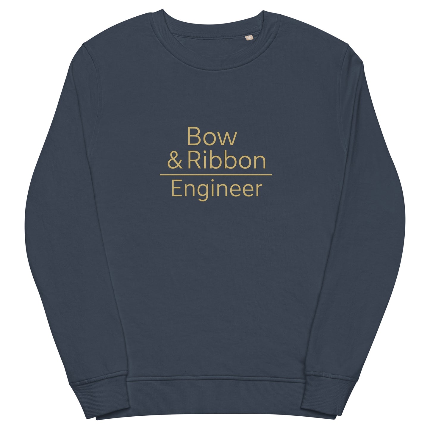 Navy blue sweatshirt with 'Bow & Ribbon Engineer' text in gold on a white background