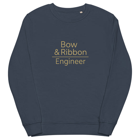 Navy blue sweatshirt with 'Bow & Ribbon Engineer' text in gold on a white background