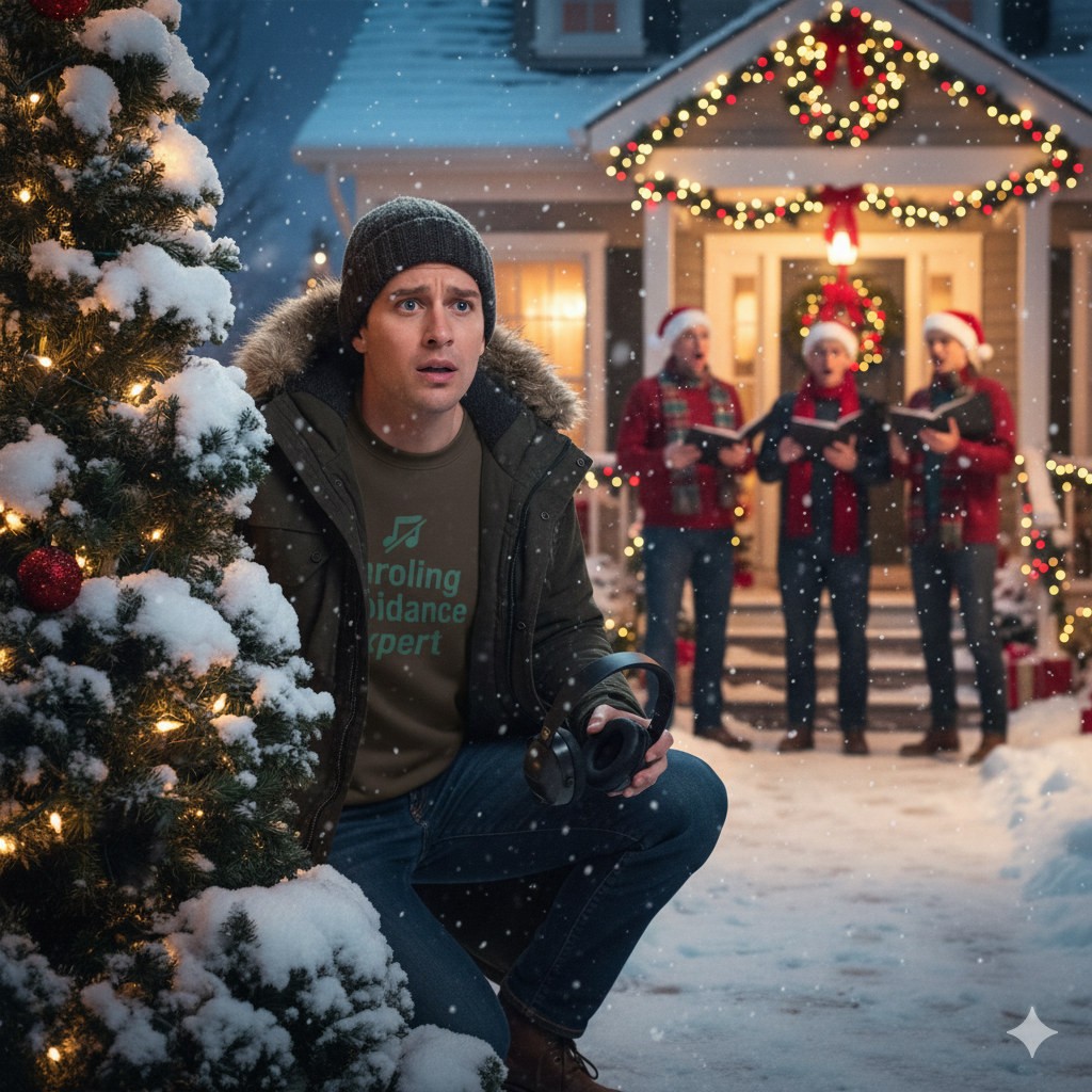 Man wearing Caroling Avoidance Expert sweatshirt hiding from other carolers