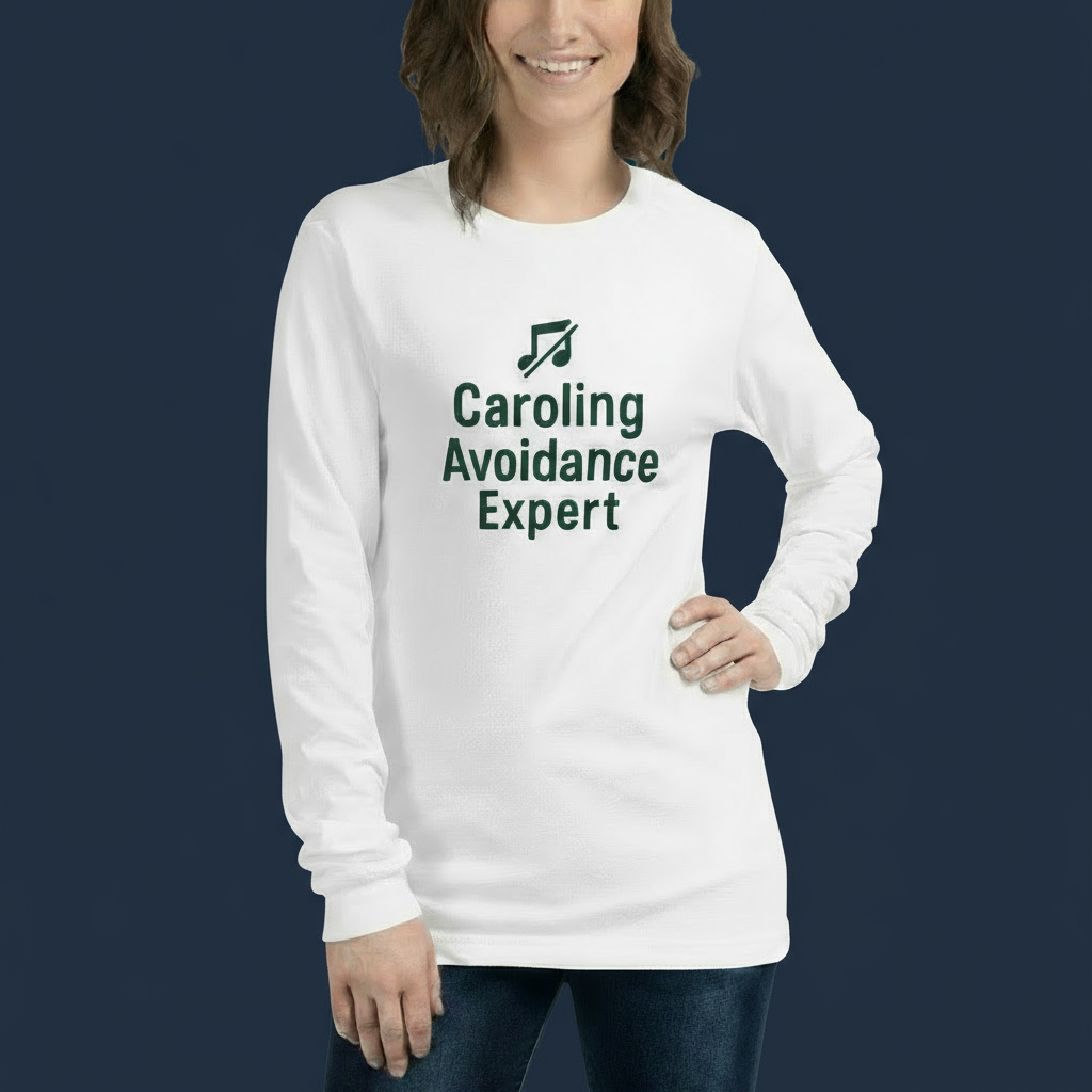 Person wearing a white long sleeve tee with 'Caroling Avoidance Expert' text and logo.