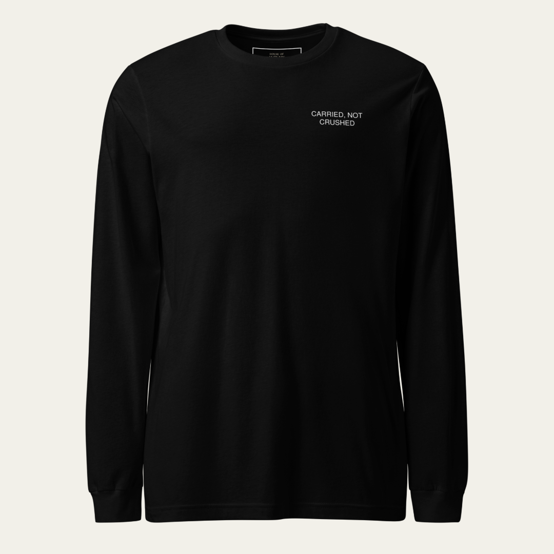 Black long sleeve tee with CARRIED, NOT CRUSHED on the upper left chest.