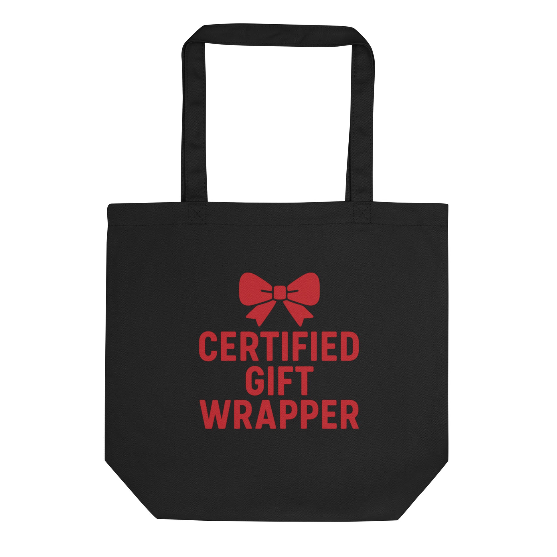 Black tote bag with red text and bow graphic on a white background