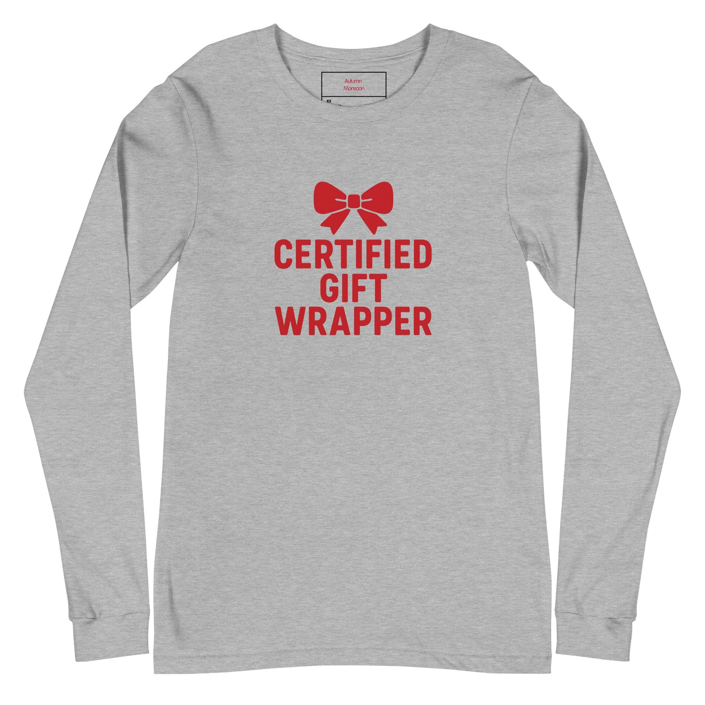 Gray long-sleeve shirt with red text and bow graphic on a white background