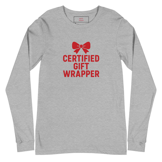 Gray long-sleeve shirt with red text and bow graphic on a white background
