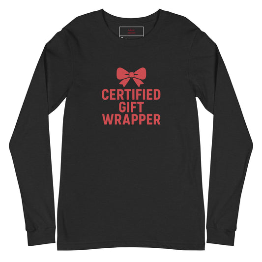 Black long-sleeve shirt with red text and bow graphic on a white background