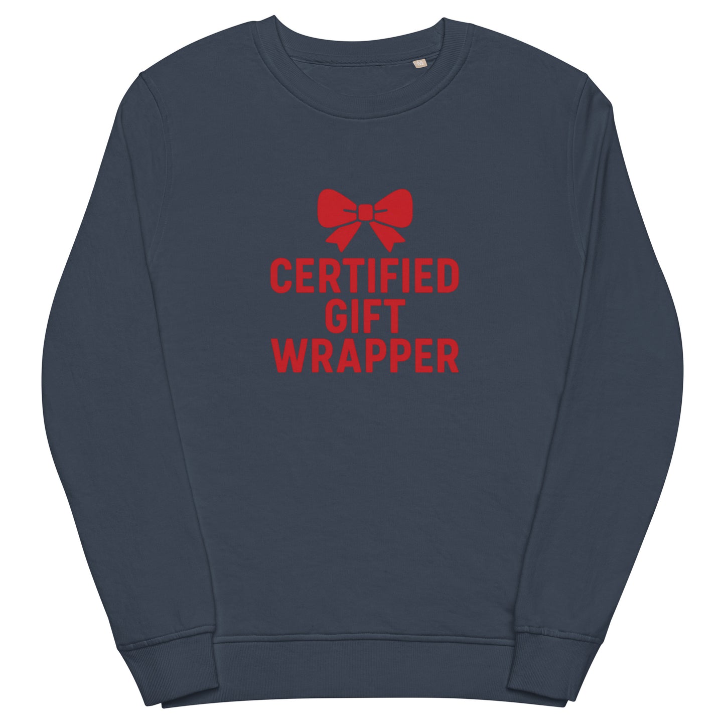 Navy sweatshirt with red text and bow graphic on a white background