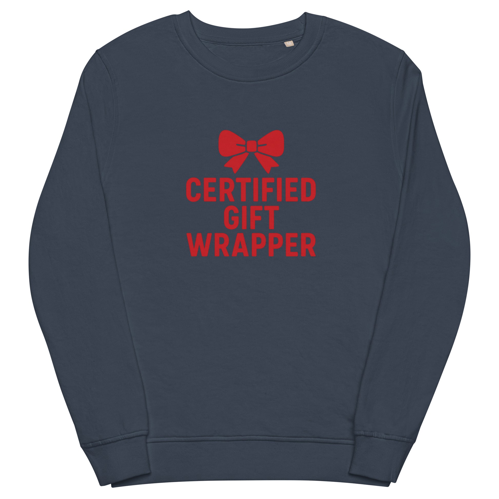 Navy sweatshirt with red text and bow graphic on a white background