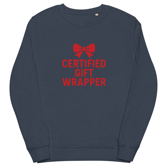 Navy sweatshirt with red text and bow graphic on a white background