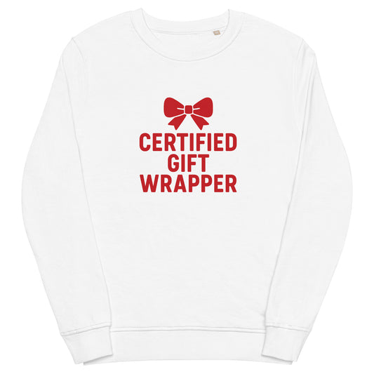 White sweatshirt with red text and bow graphic on a white background