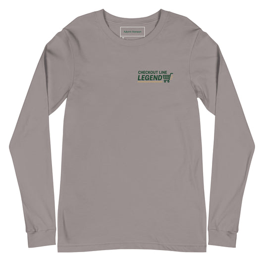 Gray long-sleeve shirt with 'Checkout Line Legend' text and graphic on a white background