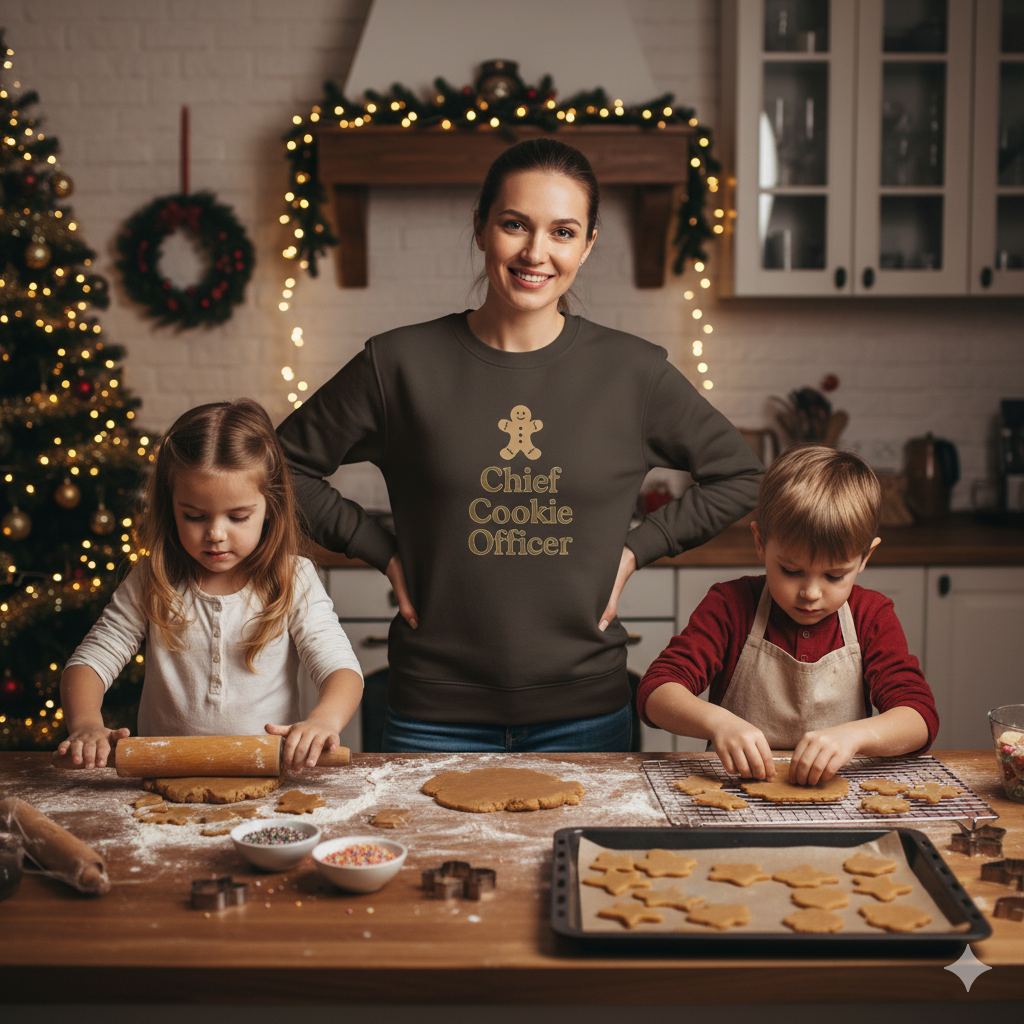 Woman and children making cookies in a kitchen decorated for Christmas.