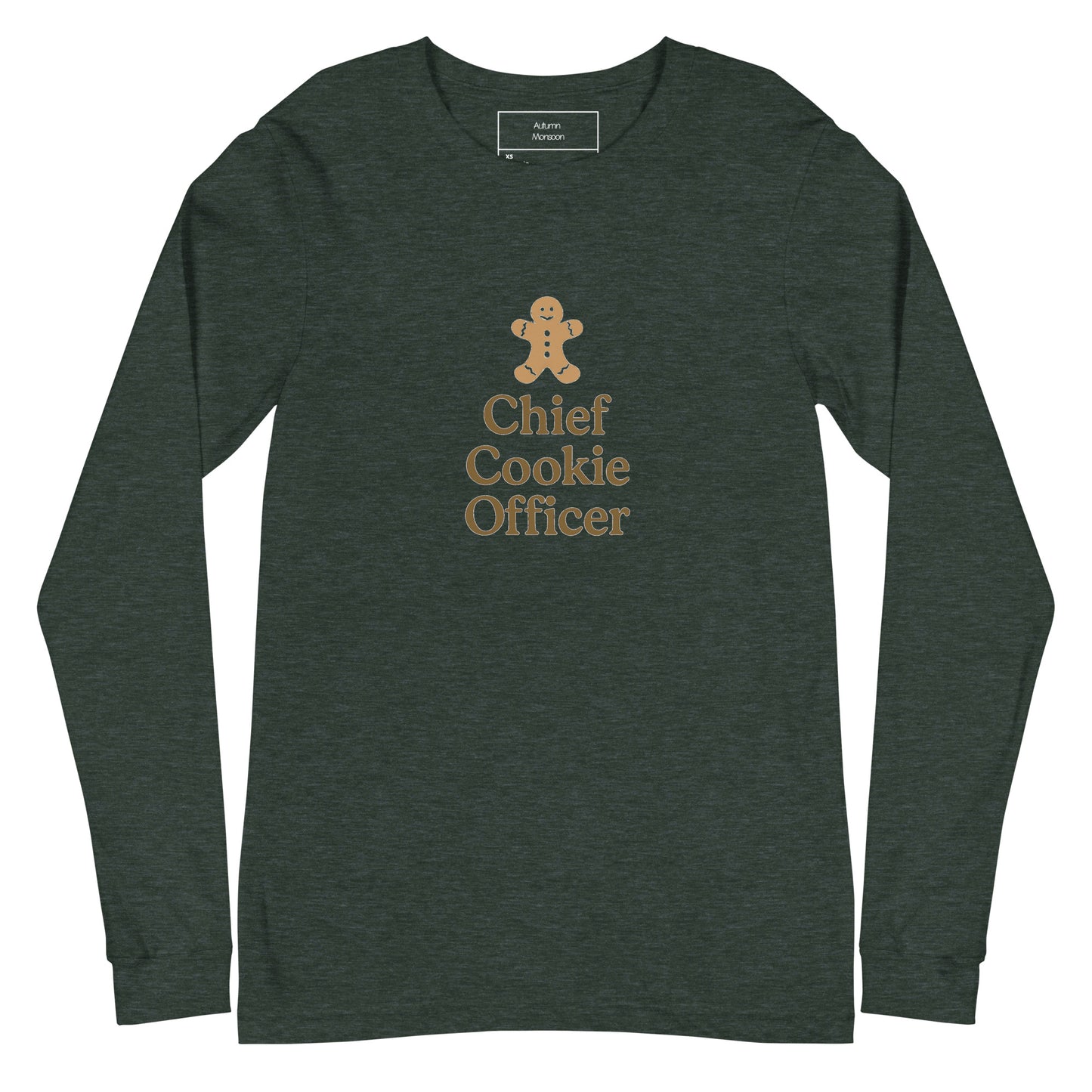 Dark green long-sleeve shirt with 'Chief Cookie Officer' text and gingerbread man graphic on a white background