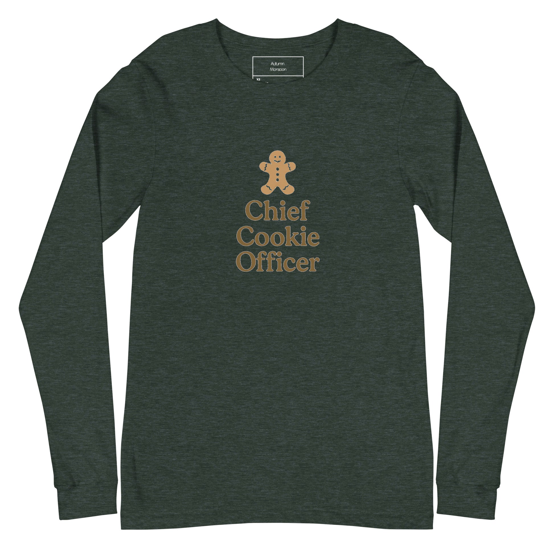 Dark green long-sleeve shirt with 'Chief Cookie Officer' text and gingerbread man graphic on a white background