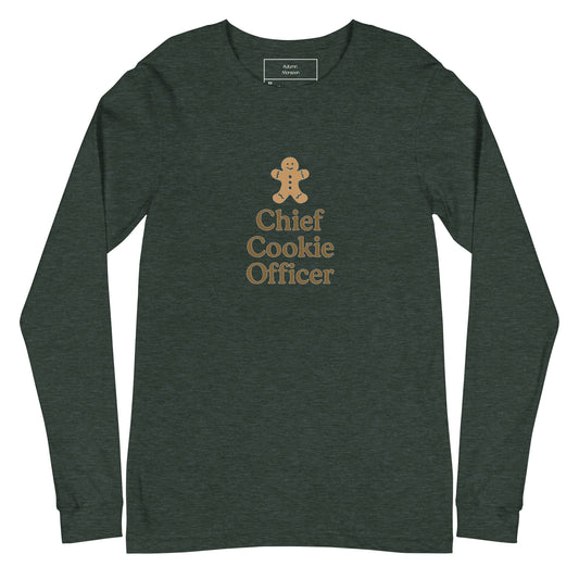 Dark green long-sleeve shirt with 'Chief Cookie Officer' text and gingerbread man graphic on a white background