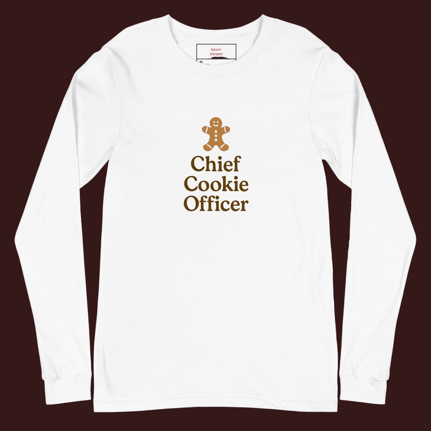 White long-sleeve shirt with 'Chief Cookie Officer' text and gingerbread man graphic on a white background
