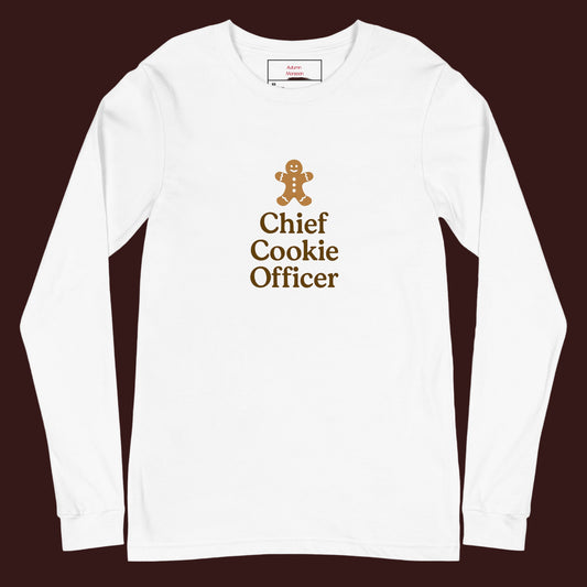White long-sleeve shirt with 'Chief Cookie Officer' text and gingerbread man graphic on a white background