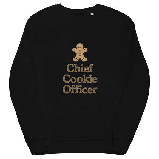 Black sweatshirt with 'Chief Cookie Officer' text and gingerbread man graphic on a white background