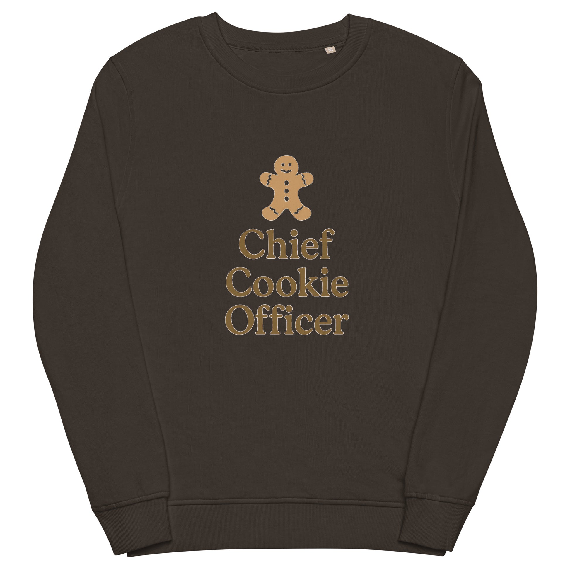 Dark grey  sweatshirt with a gingerbread man and text 'Chief Cookie Officer' on a white background