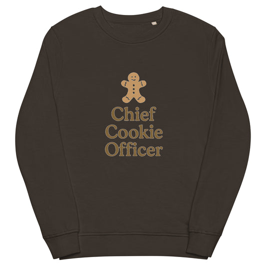 Dark grey  sweatshirt with a gingerbread man and text 'Chief Cookie Officer' on a white background