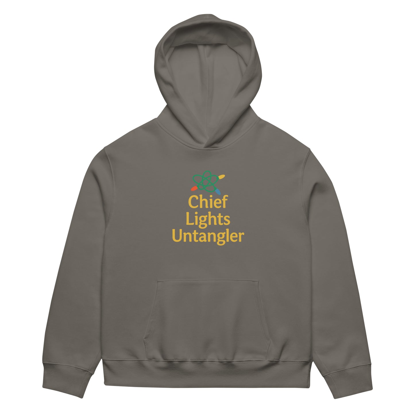Gray hoodie with 'Chief Lights Untangler' text and logo on a white background
