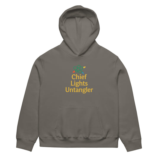 Gray hoodie with 'Chief Lights Untangler' text and logo on a white background