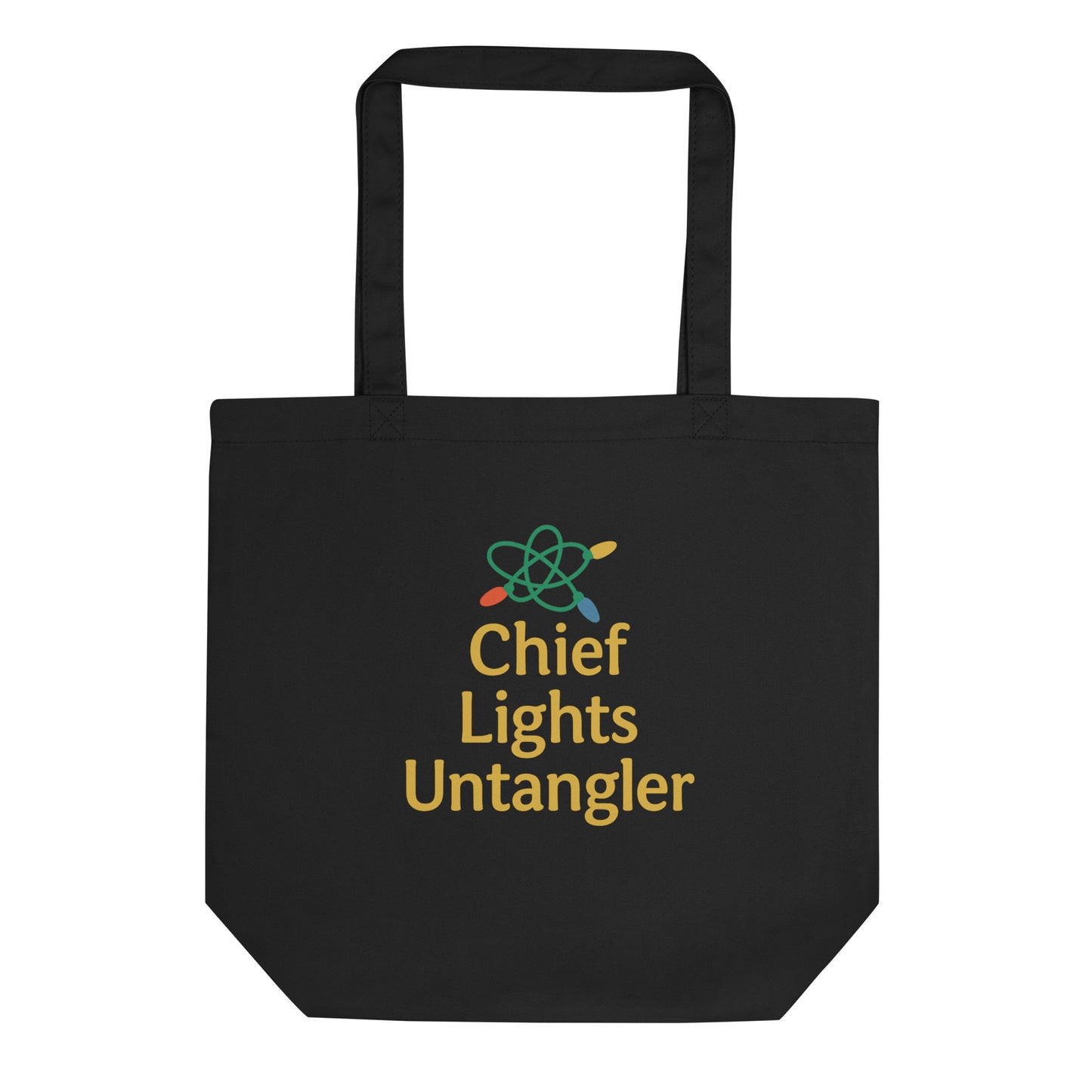 Black tote bag with 'Chief Lights Untangler' text and logo on a white background