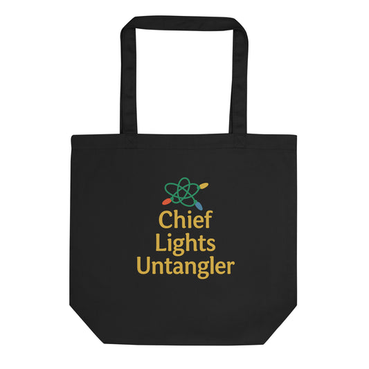 Black tote bag with 'Chief Lights Untangler' text and logo on a white background