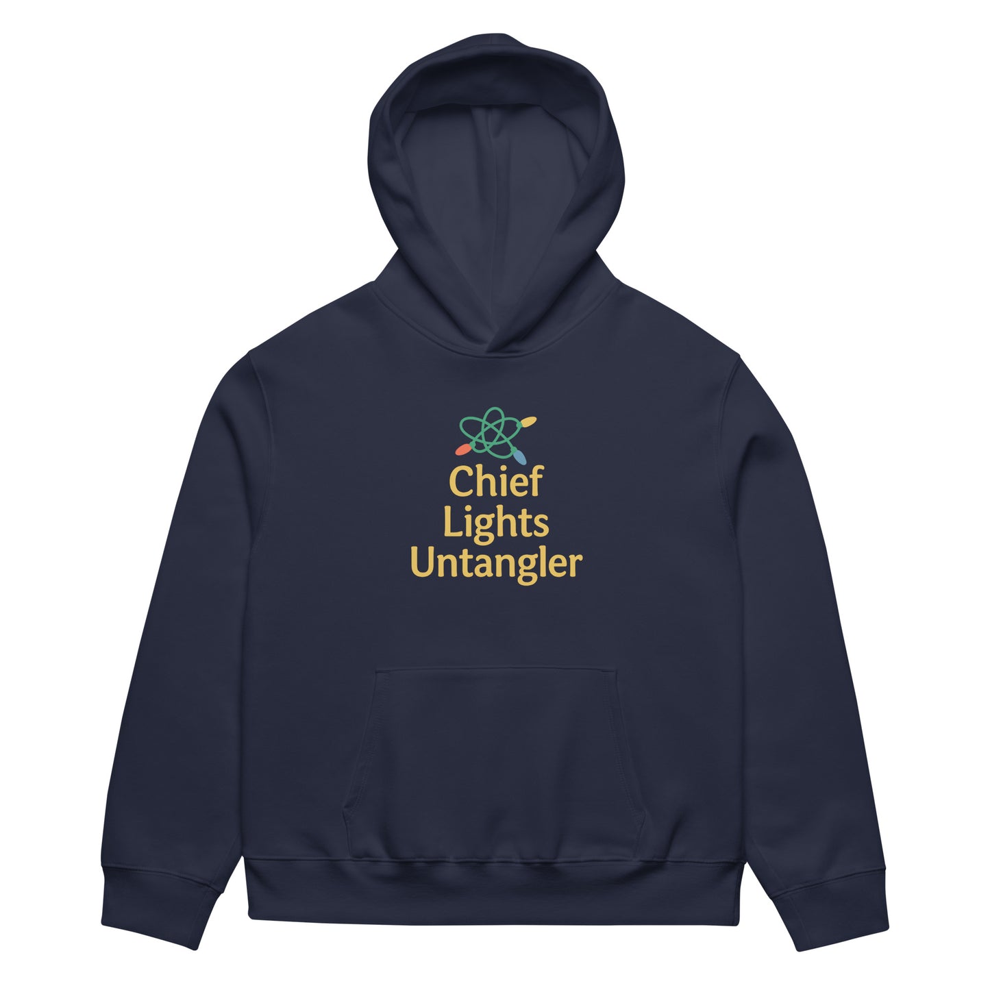 Navy hoodie with 'Chief Lights Untangler' text and logo on a white background