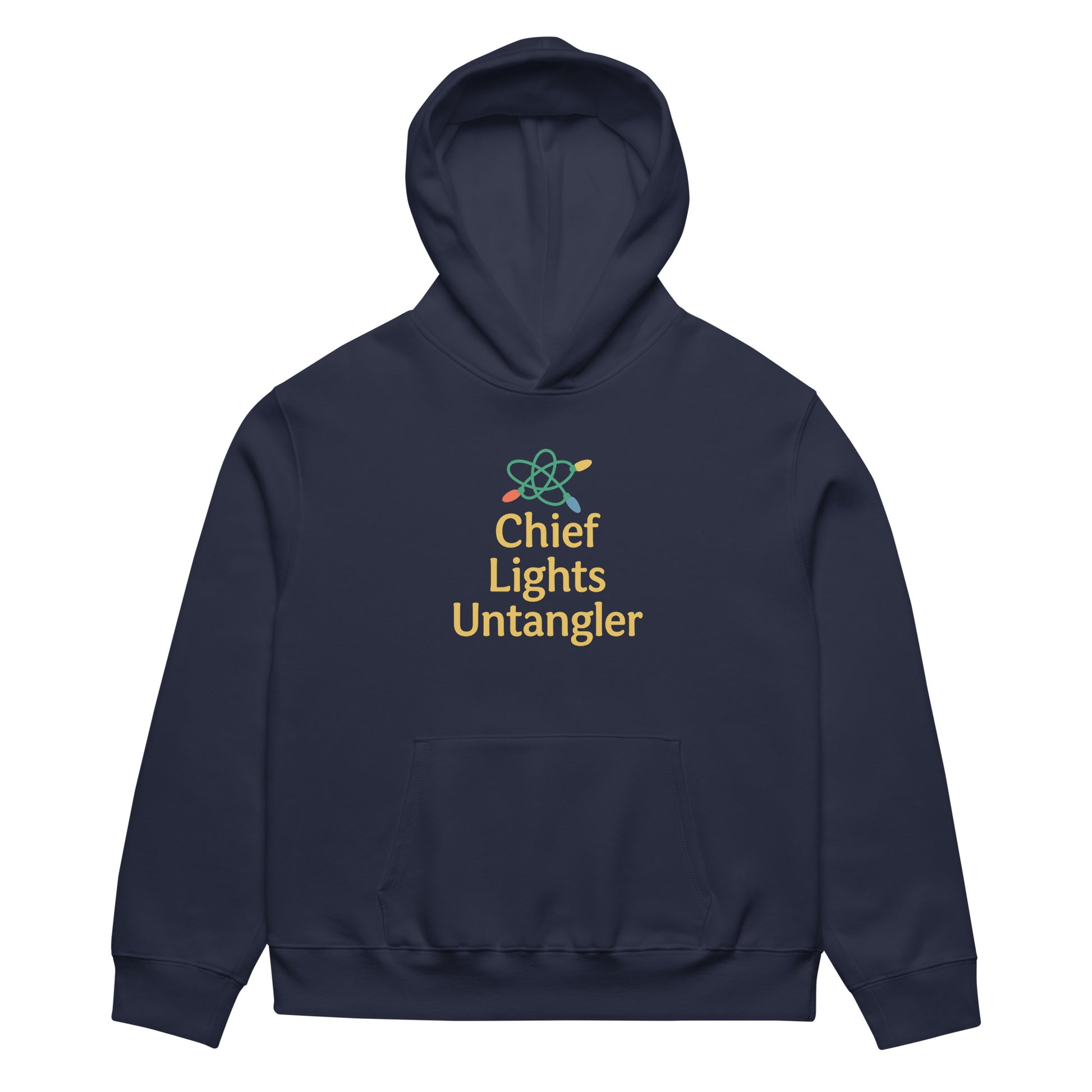 Navy hoodie with 'Chief Lights Untangler' text and logo on a white background