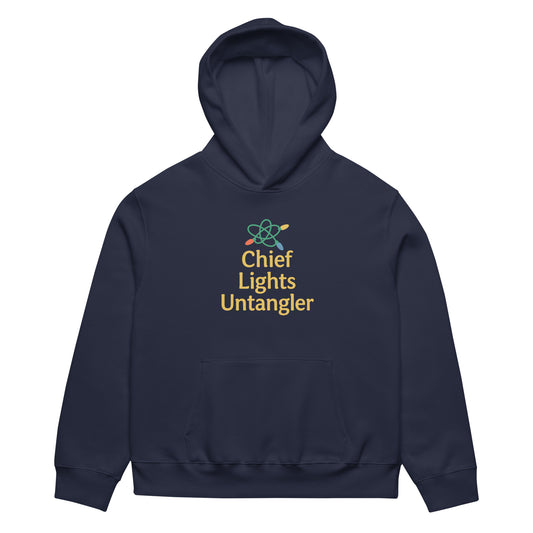 Navy hoodie with 'Chief Lights Untangler' text and logo on a white background