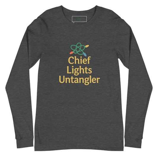 Dark gray long-sleeve shirt with 'Chief Lights Untangler' text and logo on a white background