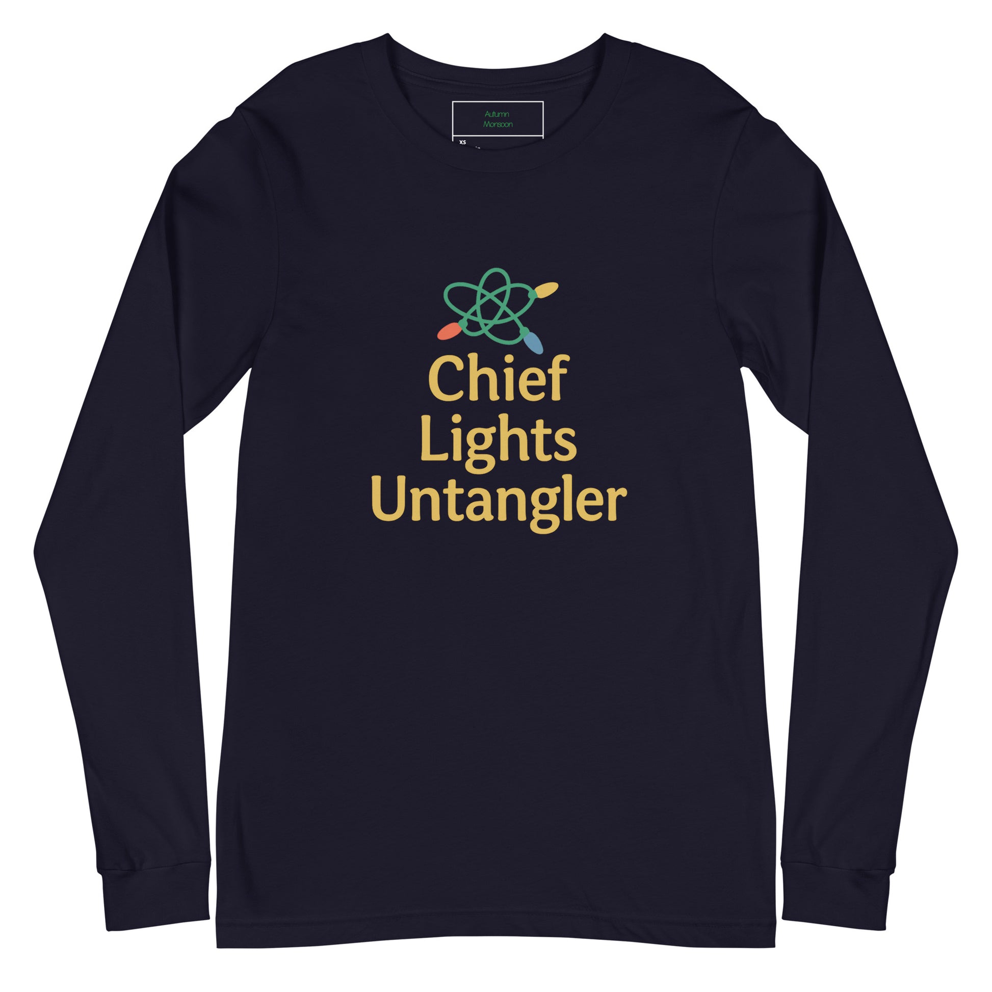 Navy  long-sleeve shirt with 'Chief Lights Untangler' text and logo on a white background