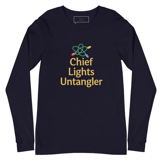 Navy  long-sleeve shirt with 'Chief Lights Untangler' text and logo on a white background
