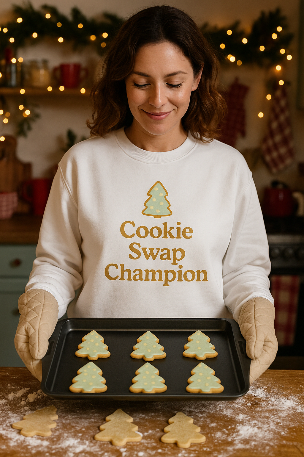 Woman holding a tray of Christmas tree cookies wearing a 'Cookie Swap Champion' sweatshirt.