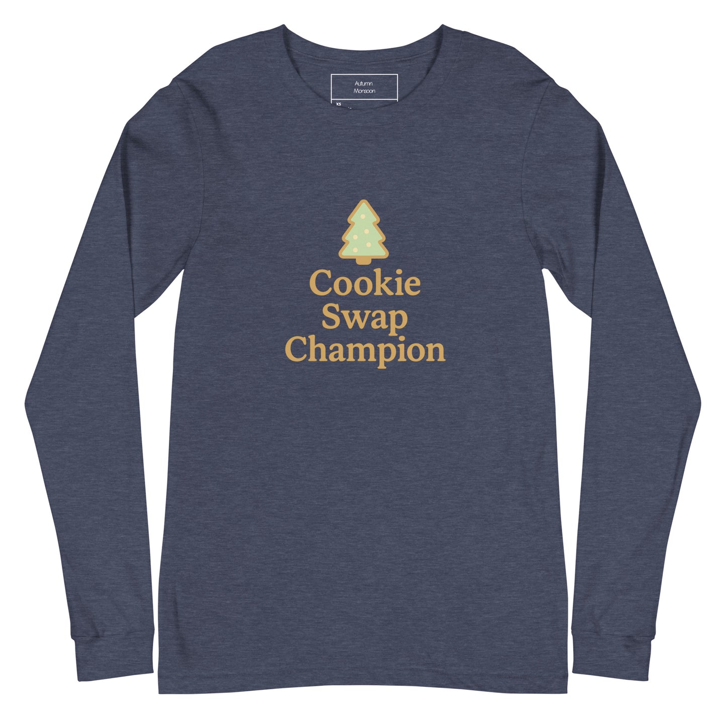 Navy long-sleeve shirt with 'Cookie Swap Champion' text and tree graphic on a white background