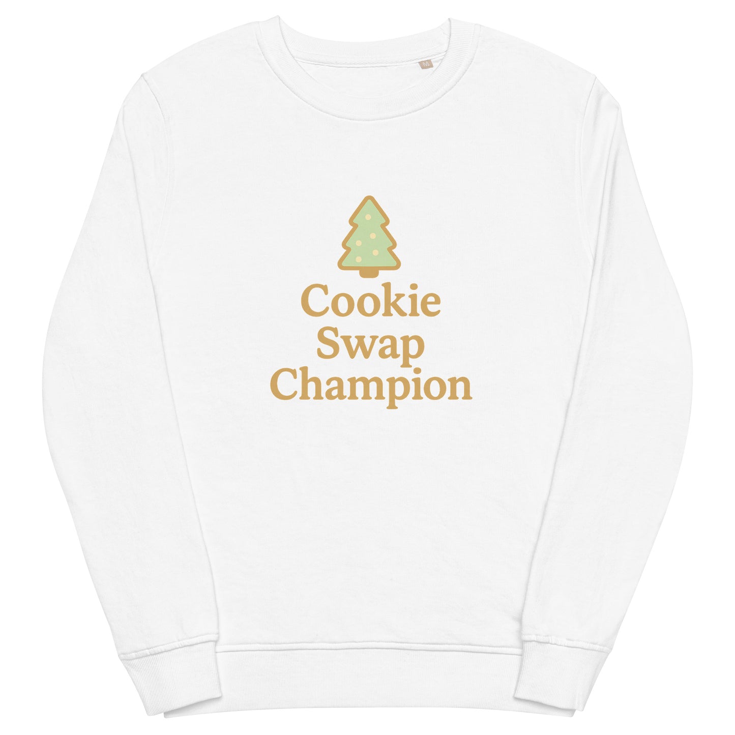 White sweatshirt with 'Cookie Swap Champion' text and tree graphic on a white background