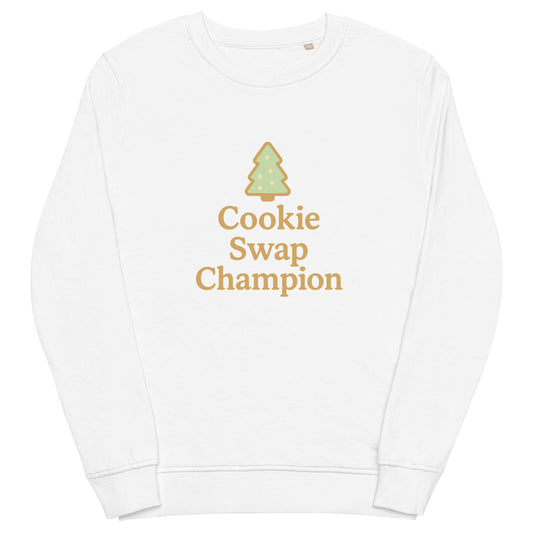 White sweatshirt with 'Cookie Swap Champion' text and tree graphic on a white background