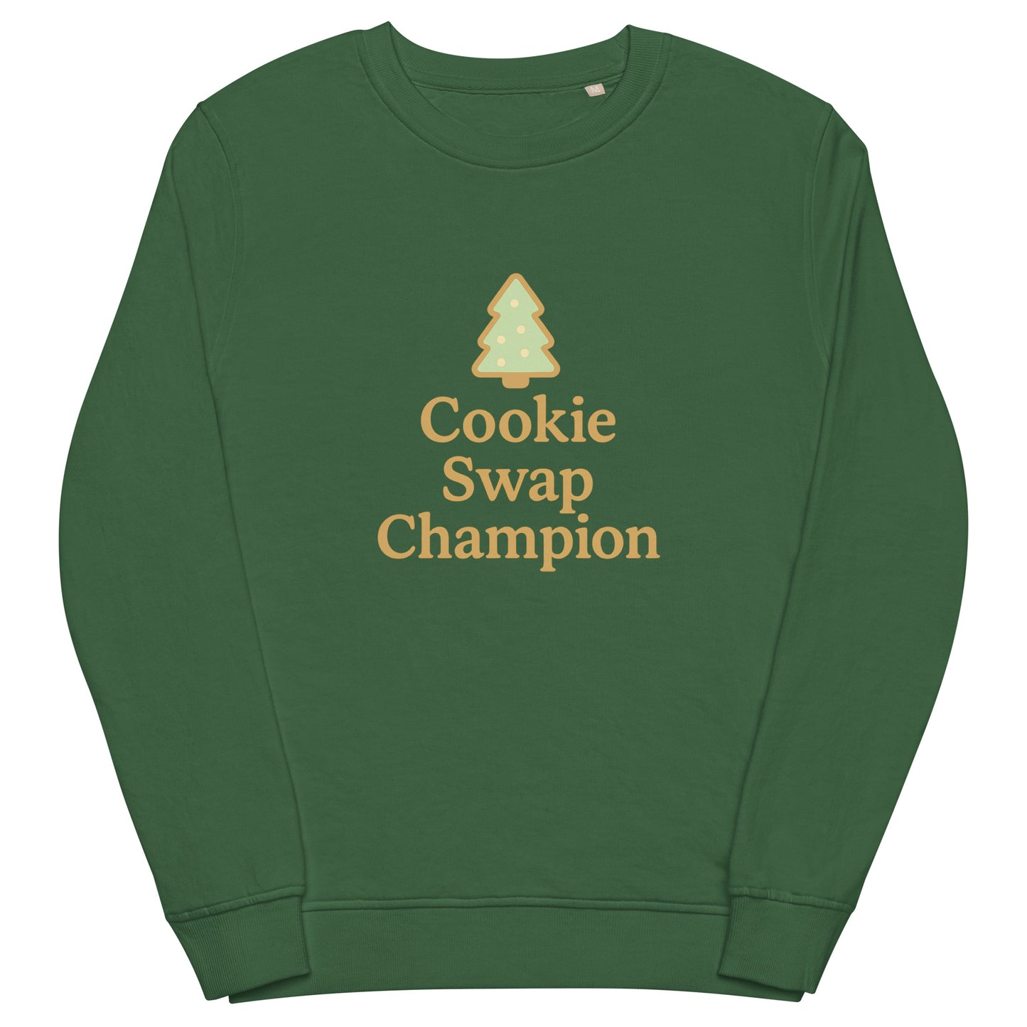 Green sweatshirt with 'Cookie Swap Champion' text and tree graphic on a white background