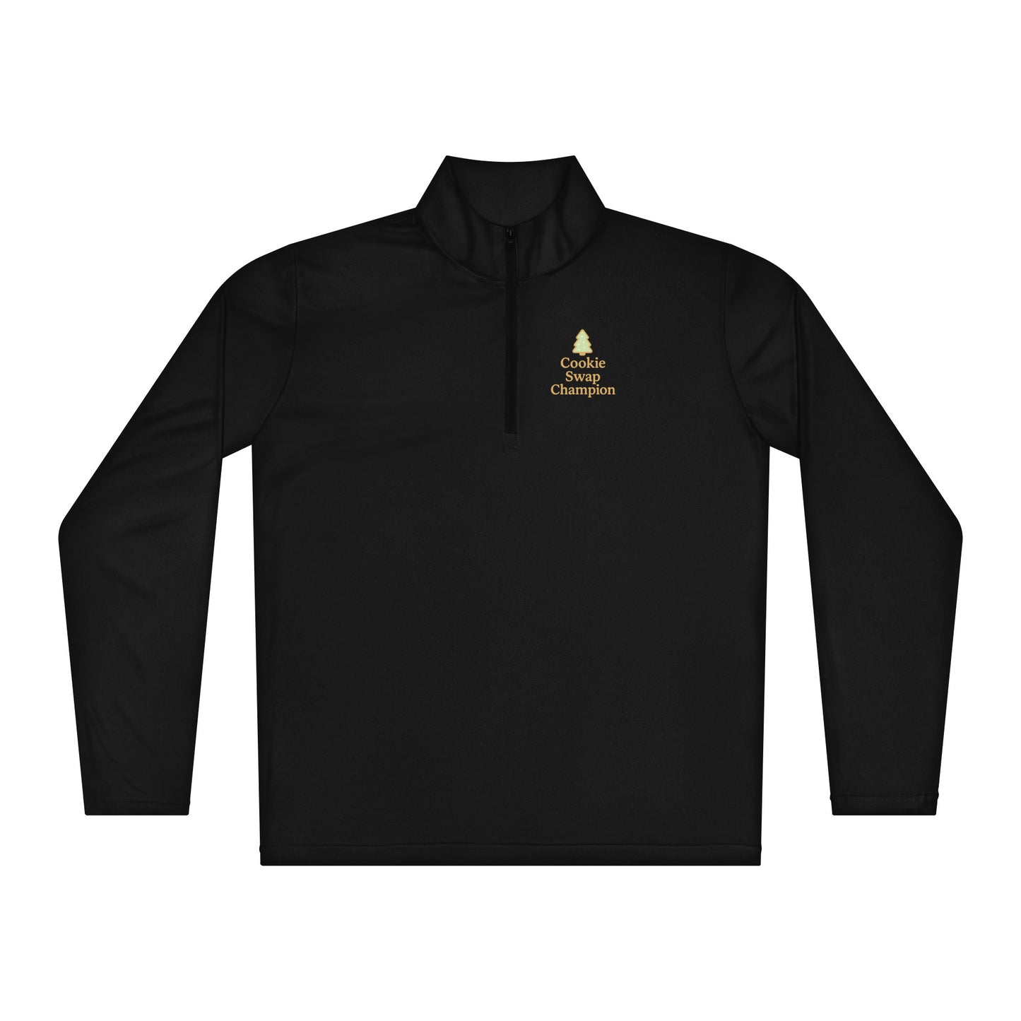 Black long-sleeve shirt with a gold logo and text on a white background