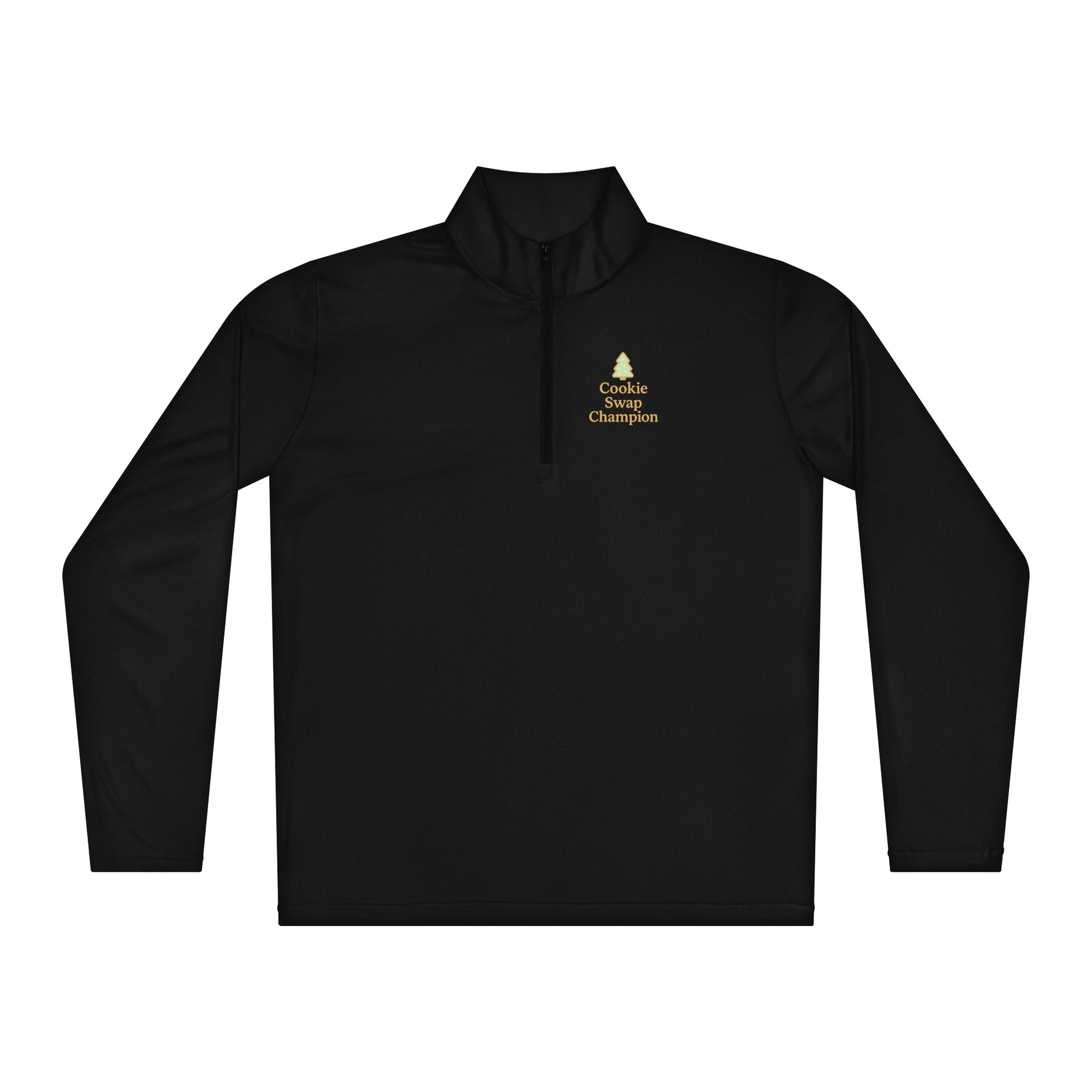 Black long-sleeve shirt with a gold logo and text on a white background