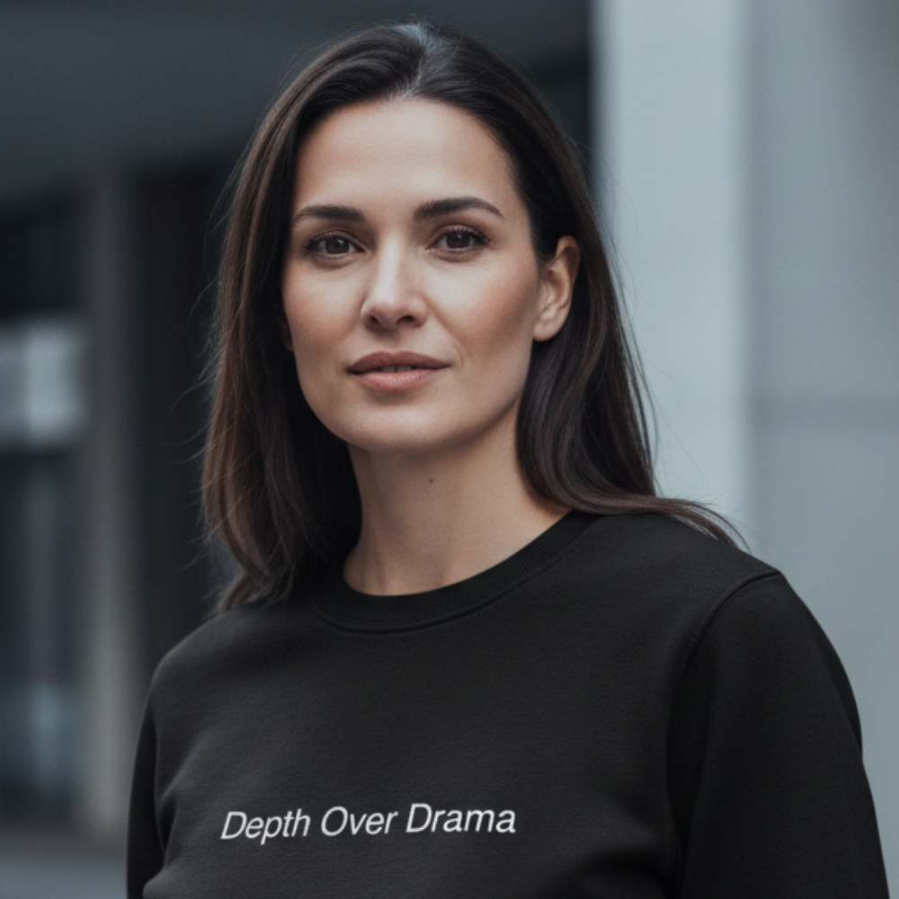 Woman wearing a black sweatshirt with 'Depth Over Drama' text, standing outdoors.