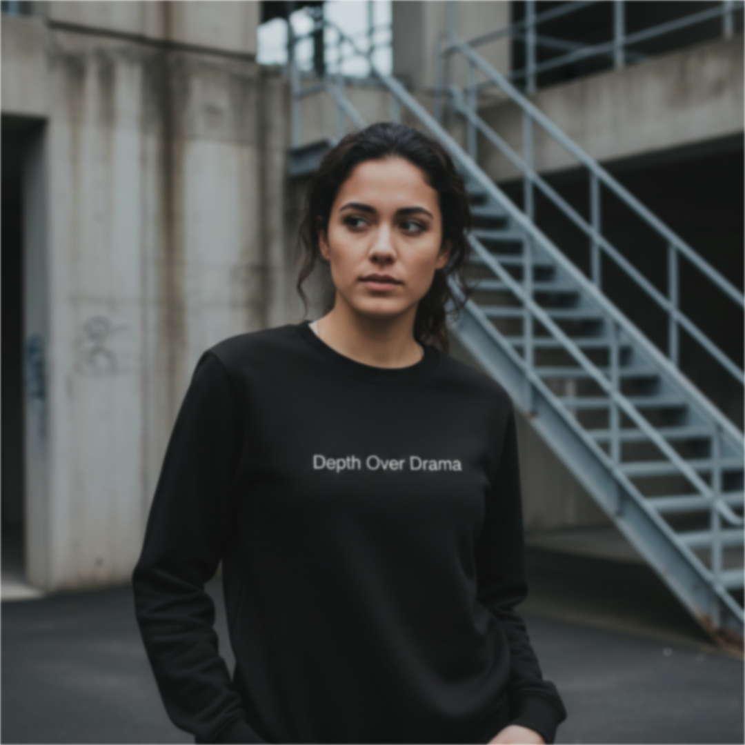 Woman wearing a black sweatshirt with 'Depth Over Drama' text in an urban setting
